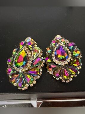 Multi-Color Teardrop Crystal Clip-On Earrings - Women Jewelry
